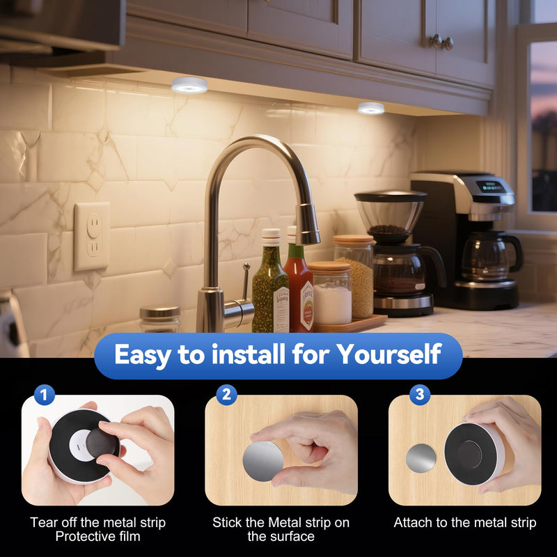 6-Pack Rechargeable LED Puck with Motion Sensor, 1500mAh RGB Dimmable Under Cabinet with Remote, USB-C, Magnetic Stick-On Night Lights for Kitchen, Closet, Bedroom