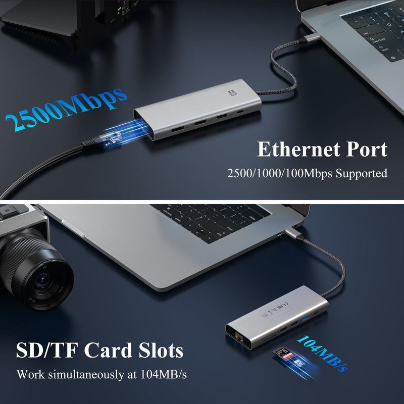 USB C Docking Station Triple Display Monitor Minthouz 12 in 1 USB C Hub,with 8K Dual DP,4*USB Port,100W PD Thunderbolt 3/4,2.5G Ethernet/SD/TF/3.5mm USB c Dock for MacBook,Dell,HP,Surface