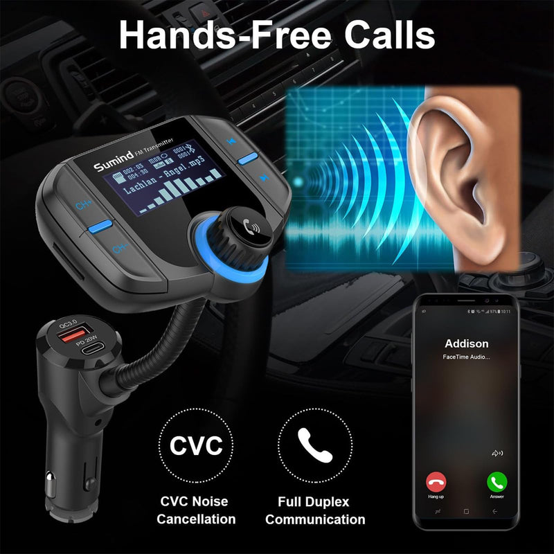 Upgraded Bluetooth FM Transmitter, Wireless Radio Adapter Hands Free Car Kit with 1.7'' Display, QC3.0 and Smart 2.4Amp Dual USB Ports, AUX Input/Output, TF Card Mp3 Player (PD, Black) PD