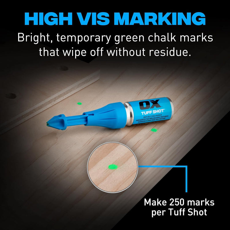 OX Tools 2-Pack Tuff Shot Deep Hole Marker Chalk Powder Shot for Drilling, Construction Marking Tool, Deep Reach Marker, 500 Total Bursts of High-Vis Green Chalk Spray Marking for Carpentry 2 Pack