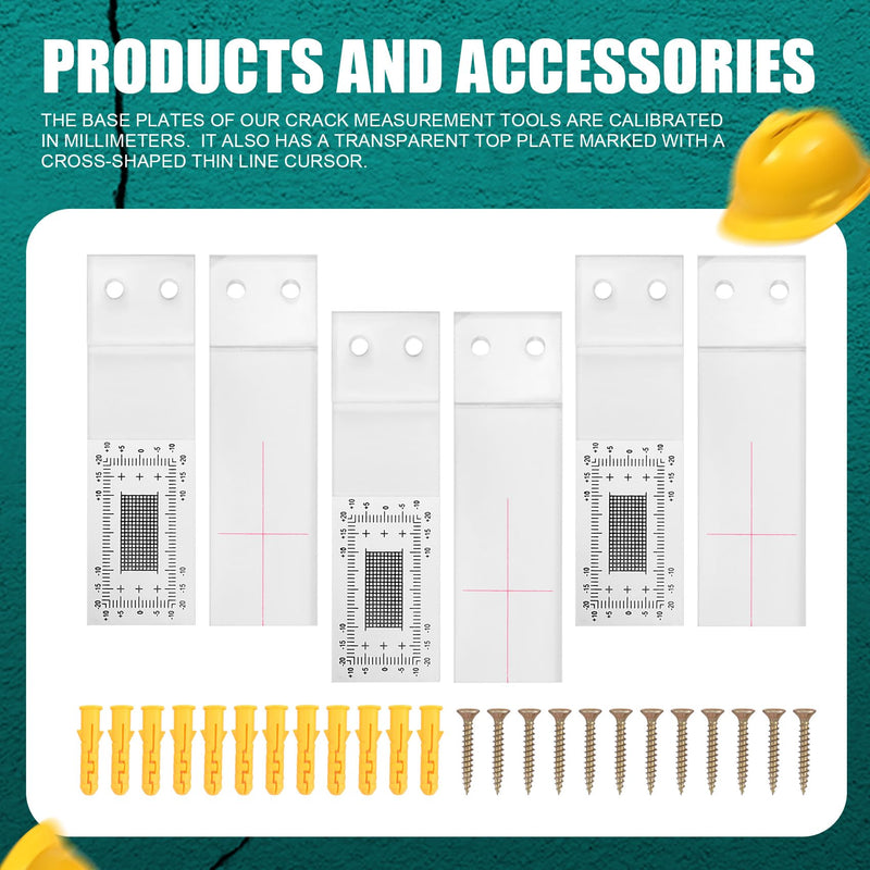 Crack Monitor, Wall Tear Meter, Set of 3, Gap Size, Crack Ruler, Crack Width Meter, Clear Wall Tear Meter, Acrylic Crack Monitoring Protocol for Measuring and Recording