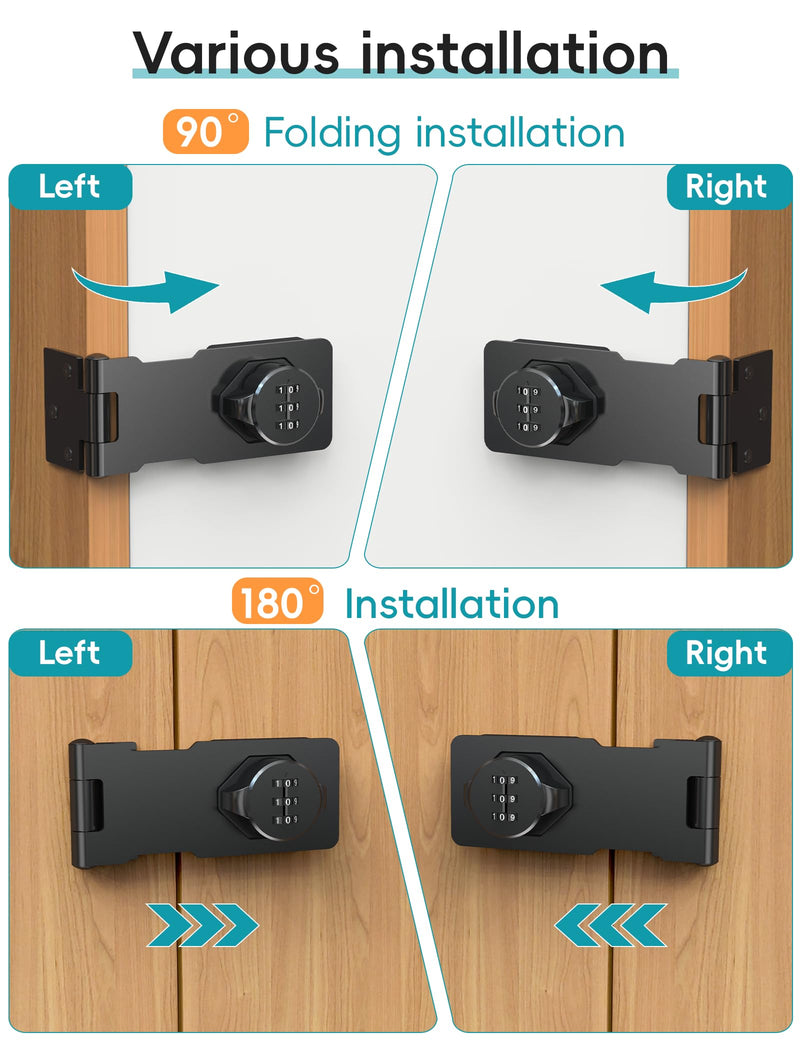 Cabinet Password Hasp Lock, Keyless Combination Lock for Small Doors, Bathroom, Outdoor, Garage, Black, 2 Pack