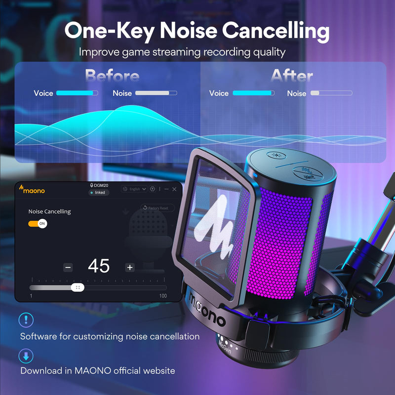 MAONO Gaming USB Microphone, Noise Cancellation Condenser Mic with Mute, Gain, Monitoring, Boom Arm Mic for Streaming, Podcast, Twitch, YouTube, Discord, PC, Computer, PS4, PS5, Mac, GamerWave DGM20S Black