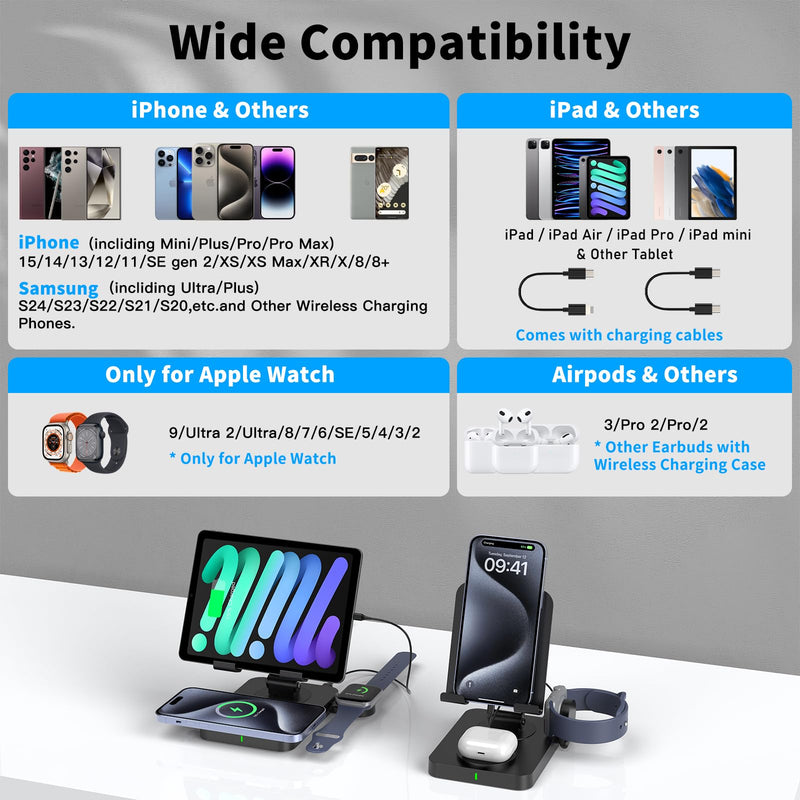 Wireless Charging Station for Multiple Devices Apple, Magsafe Charger for iPhone 15 Pro Max/14/13/12, Foldable Watch Charger for Apple Watch 9, Rotating iPad Charging Station with 45W Adapter