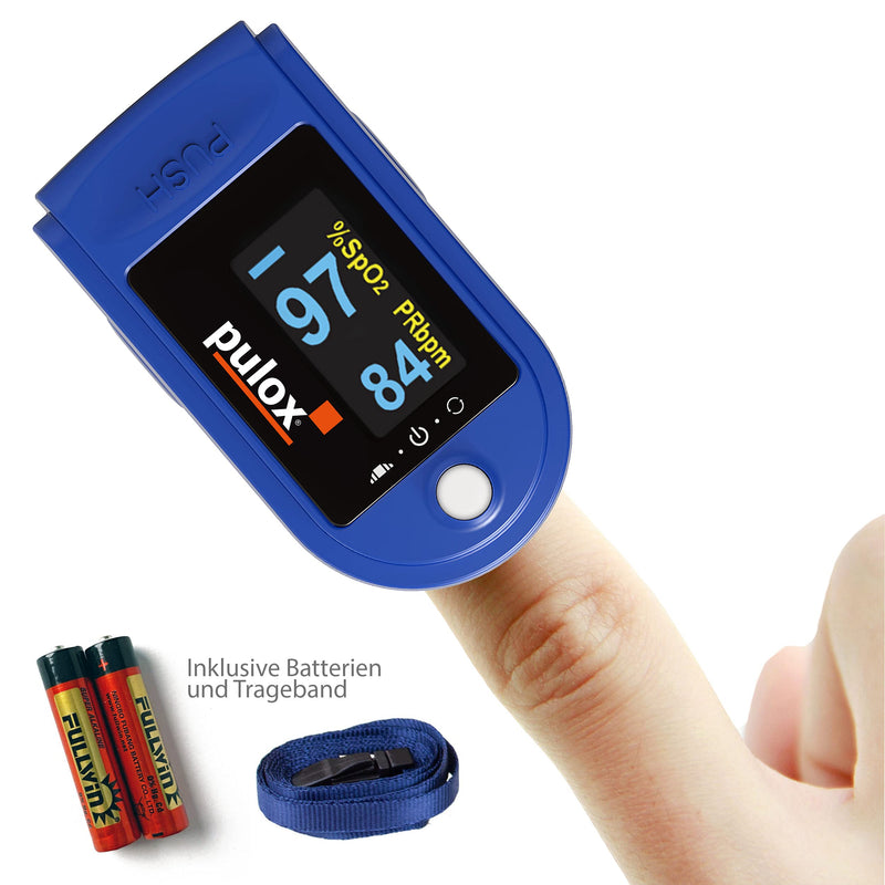 Pulse oximeter Pulox PO-200A with alarm, pulse tone and accessory set for measuring SpO2, pulse and PI - blue