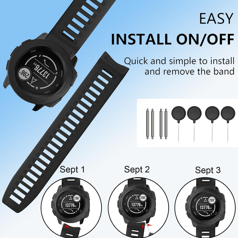 2 Pack Waterproof Band Compatible with Garmin Instinct, 22mm Soft Silicone Replacement Watch Strap for Garmin Instinct 2 / Instinct Esports/Solar/Tactical black+black
