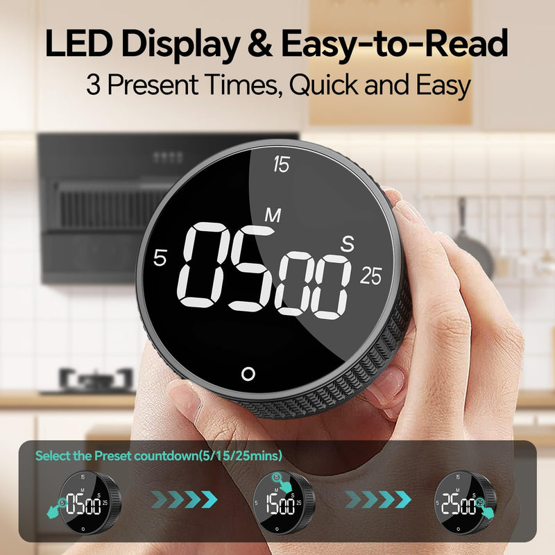 Digital Kitchen Timer, Large Display Magnetic Countdown Countup Timer, 3 Preset Times (5, 15, 25),Volume & Brightness Adjustable for Cooking Classroom Studying, Easy for Kids (Black,2Pcs) Glossy Black 2