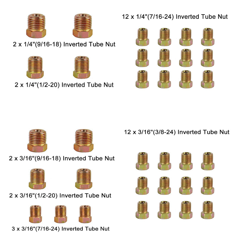 MuHize Brake Line Fitting Kit - 35 PCS Brake Line Nuts Assortment for Inverted Flares on 3/16" (19 Fittings) and 1/4" (16 Fittings) Brake Line Tube Gold