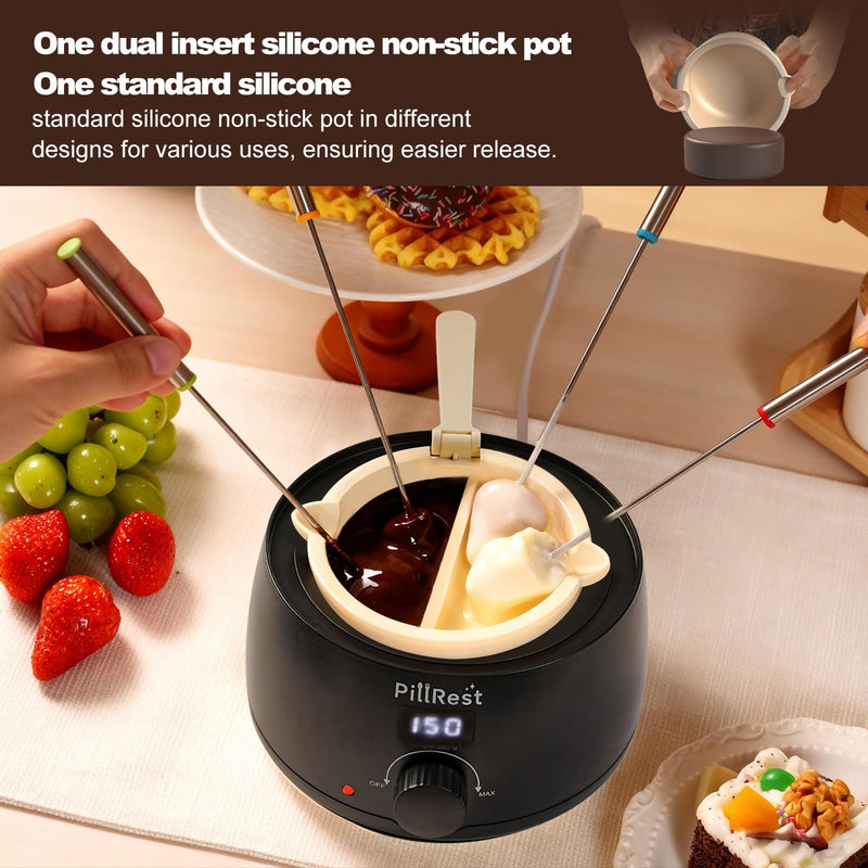 Chocolate Melting Pot, Electric Candy Melter with 2 Silicone Bowls, 17.6 OZ (500 ml) Fondue Pot Set & Chocolate Warmer Set for Dipping Cheese, Candy, Cake Pop, Home Fondue Parties Essential Supplies Black