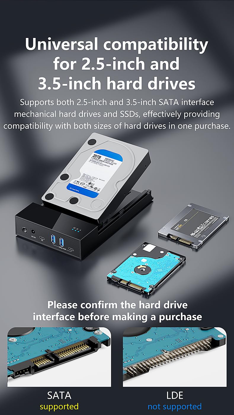 External Hard Drive Enclosure for 3.5 2.5 Inch SATA SSD HDD, USB 3.0 to SATA Hard Drive Docking Station, 2A1C Multi-Port Hub with 12V/2A Power Adapter, Support Up to 20TB, UASP, Trim, Black