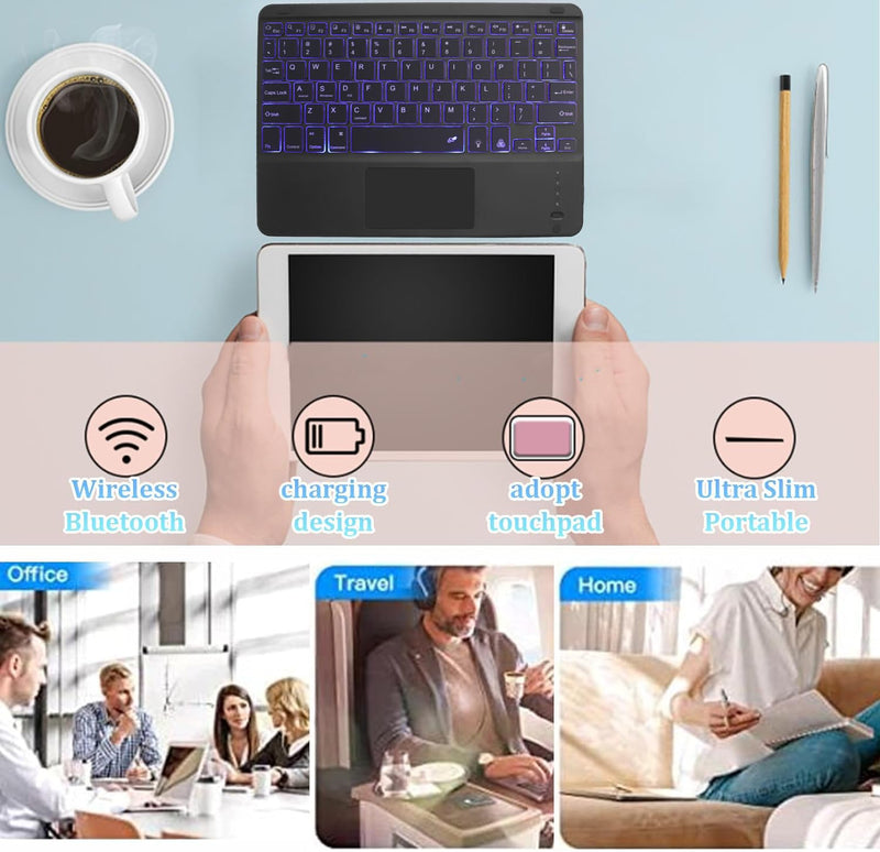 Wireless Bluetooth Keyboard,10-inch Ultra-Slim 7 Color Backlight Keyboard with Touchpad,Rechargeable Wireless Magnetic Bluetooth Portable Keyboard for Mobile Phones,Computers,Tablets and iPads (Black) Black