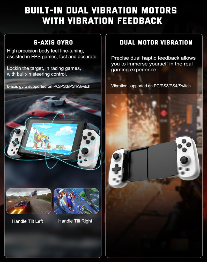 Joso Phone Controller for iPhone/Android/PC, D6 Wireless Game Controller for Switch/PS3/PS4 with Hall Joystick/Turbo/6-Axis Gyro/Dual Motor, iOS Android Controller Support Cloud Gaming/Remote Play White