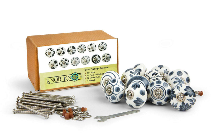 Set of 12 Handmade Ceramic Knobs | 3 Colour Design Ceramic Cabinet Knobs | Drawer Pulls for Home, Kitchen, Bathroom or Office | Drawer Knobs Comes with Wrench, Screw Cap & Extra Screws (Grey) Gray