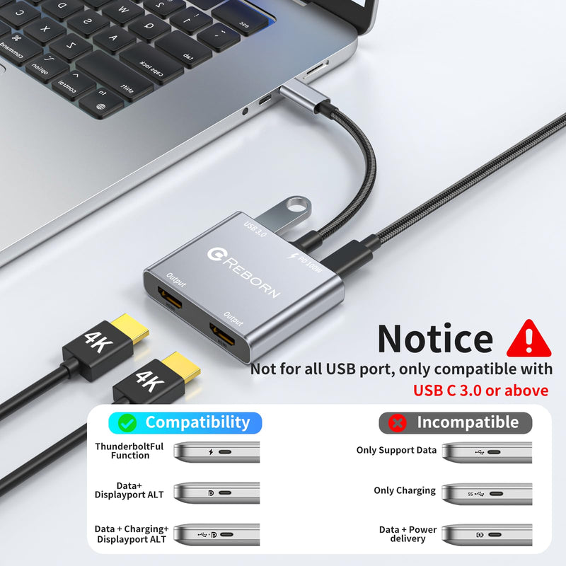 USB C to Dual HDMI Adapter | 4K@60Hz HDMI Splitter Extended Display for Dual Monitors, Multi-Monitor Adapter with USB and 100W PD, Windows Allows 3 Separate Screens, macOS Only Allows Mirror Mode