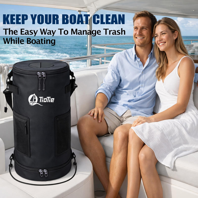 Boat Trash Can with 5.5in PVC Cross Opening, Large 26" Marine Garbage Bag for Pontoon, Fishing & Kayak Boats, 1680D Waterproof/Windproof Boat Trash Bag with Storage Pockets (Black) Black