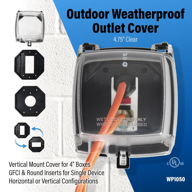Intermatic WP1050 4-3/4" Deep Weatherproof Outlet Cover – Clear, GFCI & Round, Vertical Mount, UL Certified - Accommodates Single Device Configuration On Larger Double Gang 4"x4" Boxes 4-3/4" Depth