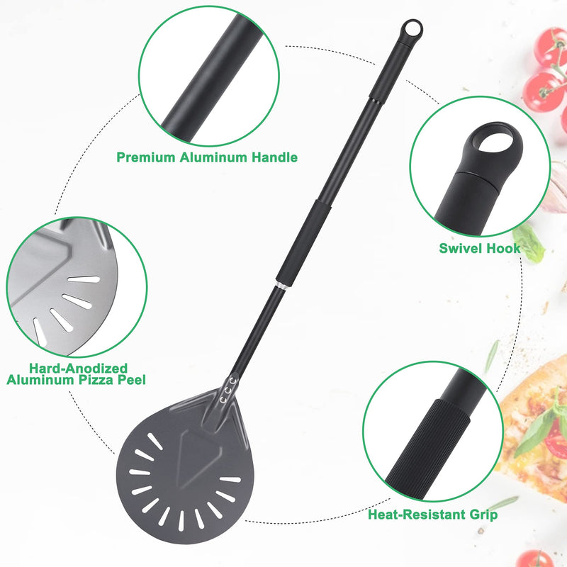 Pizza Turning Peel - 8 Inch Aluminum Perforated Turner With 32 Inch Long Handle, Lightweight Metal Peel for Outdoor Oven Accessories 8" Perforated Pizza Peel-32"Overall