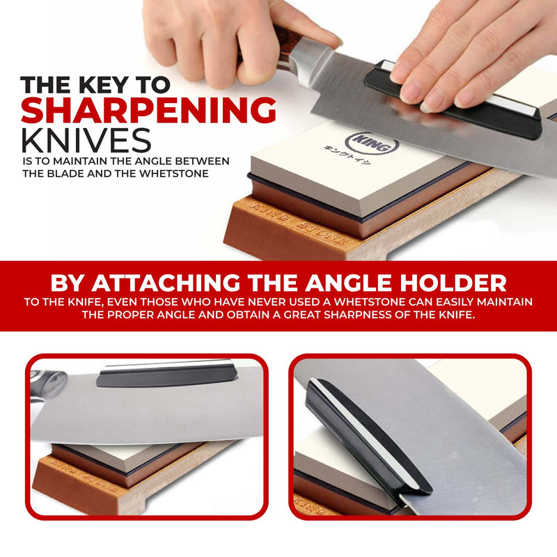 KING Whetstone Starter Set Include 1000/6000 Grit Combination Whetstone made in Japan, Knife Angle Holder, B&B Japan Original Wiping Cloth and Stable Plastic Base