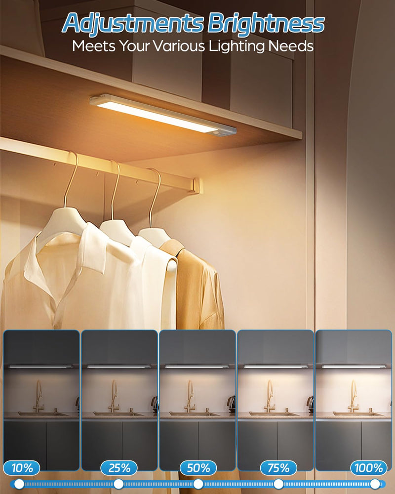 HIBOITEC Under Cabinet Lights Rechargeable Closet Lighting Wireless Motion Sensor Light Indoor, 70 LED Dimmable Magnetic Under Counter Light for Kitchen, 2 Pack, Warm White Light, 12.8 inch Long Silver (Warm White Light)