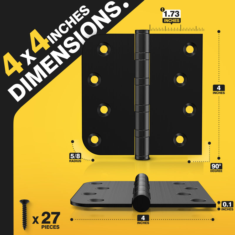 KOLET Ball Bearing Door Hinges, 4 x 4 Inches Door Hinges, Square and 5/8'' Radius Corner, Heavy Duty Stainless Steel Hinges, Smooth and Quiet, Non Removable Pin, Matte Black, 3 Pack