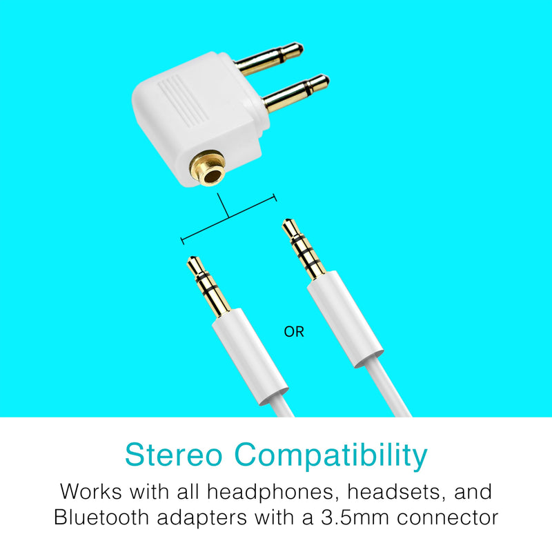 MEE audio Airplane Headphone Adapter for in-Flight Entertainment Systems - Dual 3.5mm Male to 3.5mm Female - Works with Headphones, Headsets, and Bluetooth Adapters (2 Pack), White