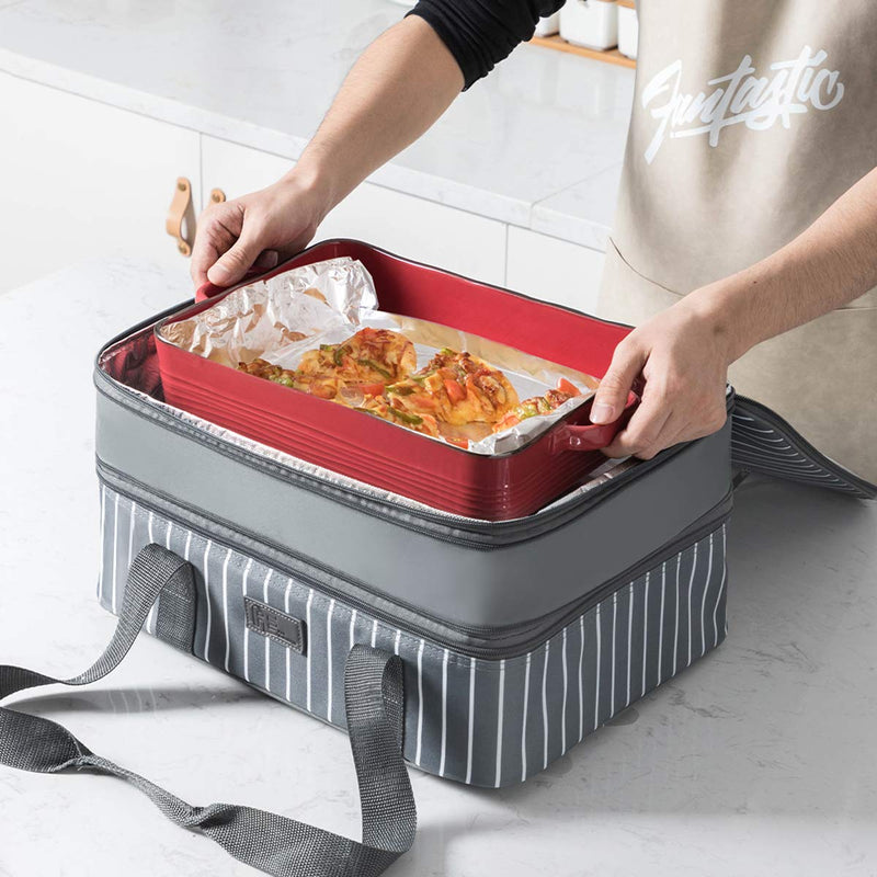 FE FUN ELEMENTS Casserole Carrier, Expandable Insulated Casserole Carriers for Hot or Cold Food, Lasagna Lugger for Parties, Fits 9" x 13" Baking Dish, Grey Double