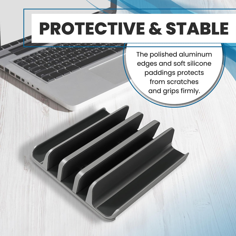 Multiple Laptop Holder Vertical – Adjustable Laptop Vertical Stand Holds 5 Devices, Fits All MacBooks Laptops Tablets and Mobiles (up to 17.3”). Closed Upright Vertical Laptop Stand for Desk Black
