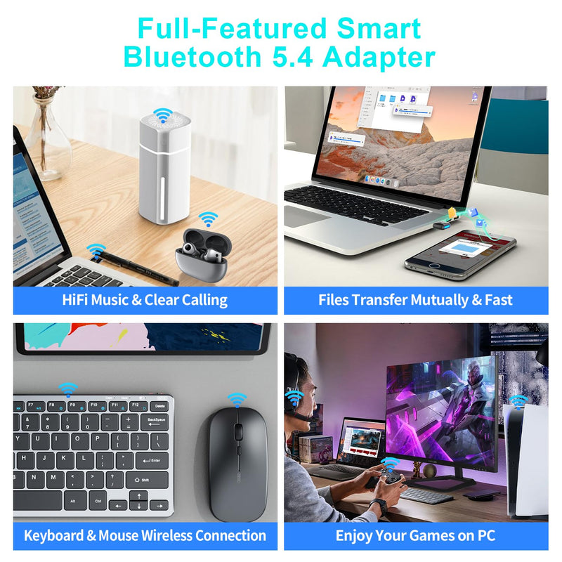 Upgraded USB Bluetooth 5.4 Adapter for PC, Wireless USB Dongle for Laptop Desktop Windows 11 10 8.1 7, Plug n Play Bluetooth Headphones Headset Speaker Mouse Keyboard Printer Controller