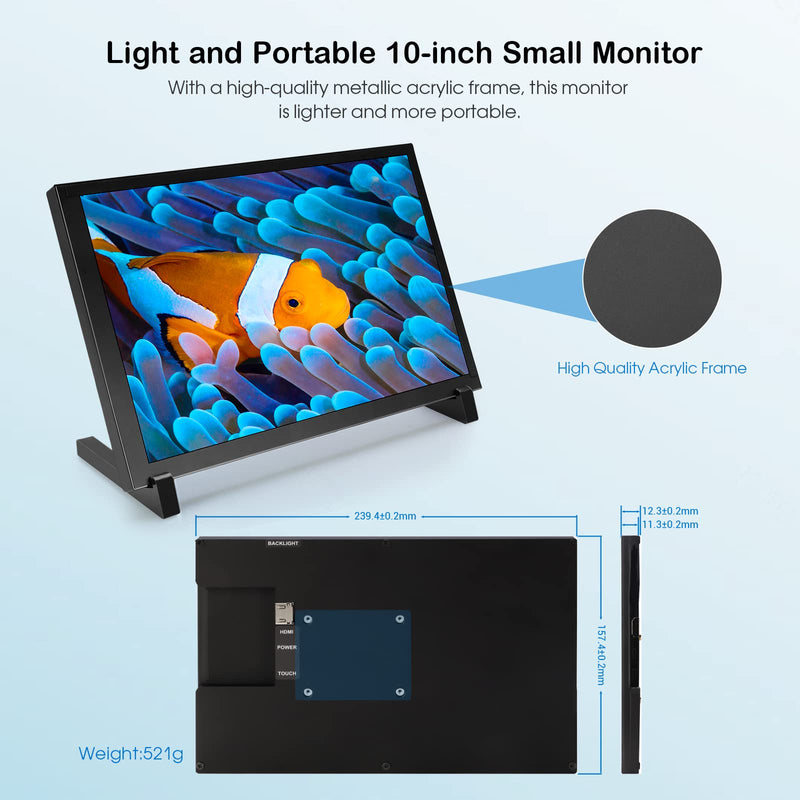 ELECROW 10.1 Inch Touchscreen Monitor, 1280x800 IPS LCD HD Display with Stand, Portable Capacitive Touch Screen for Raspberry Pi 3/3B+/4B/5, Jetson Nano, Banana Pi, PC, Windows, Beaglebone 10.1" with Acrylic Stand
