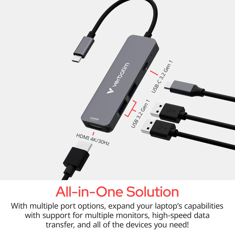 Verbatim USB-C Essentials Multiport Hub – 4 Ports: (1) USB-A 2.0, (1) USB-A 3.0/3.2 Gen 1, (1) USB-C 3.0/3.2 Gen 1 with 4K HDMI and Up to 100W Power Delivery