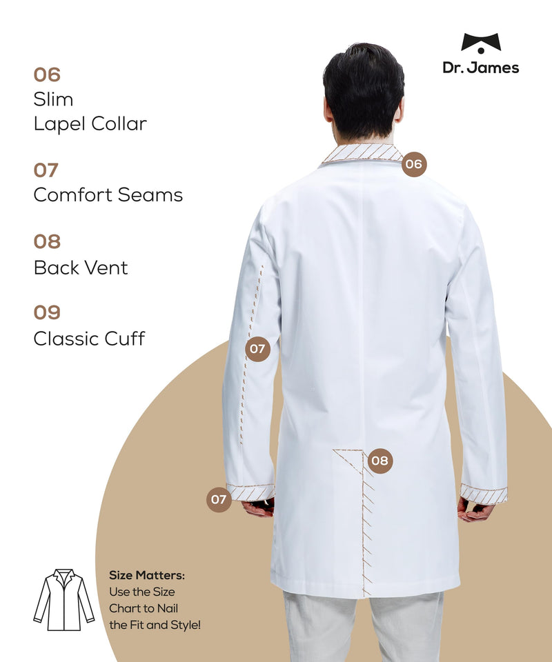 Dr. James Men’s Lab Coat – White Medical Coat, Tailored Fit, Button Closure, Phone & Tablet Pockets, 38” Length, OEKO-TEX® Large