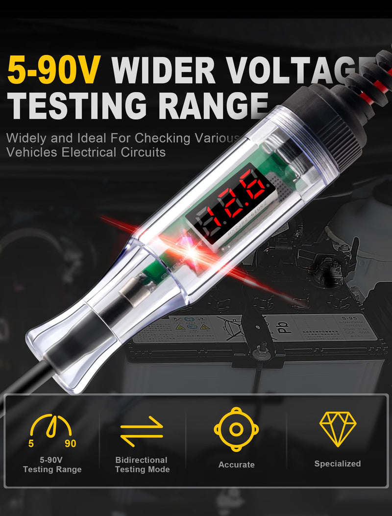 Test Light Automotive 5-90V Digital LED Circuit Tester with Voltage Display, Auto Bidirectional Voltage Tester, Electric Test Pen with Extended Spring Wire & Probe for Car RV Fuse Checker