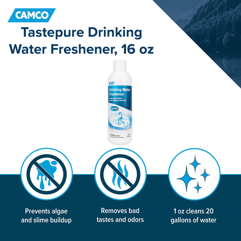 Camco TastePURE Drinking Water Freshener - Prevents Algae and Slime Build Up in Your Drinking Water Tank, Rids Odors and Bad Tastes 16 oz (40206)