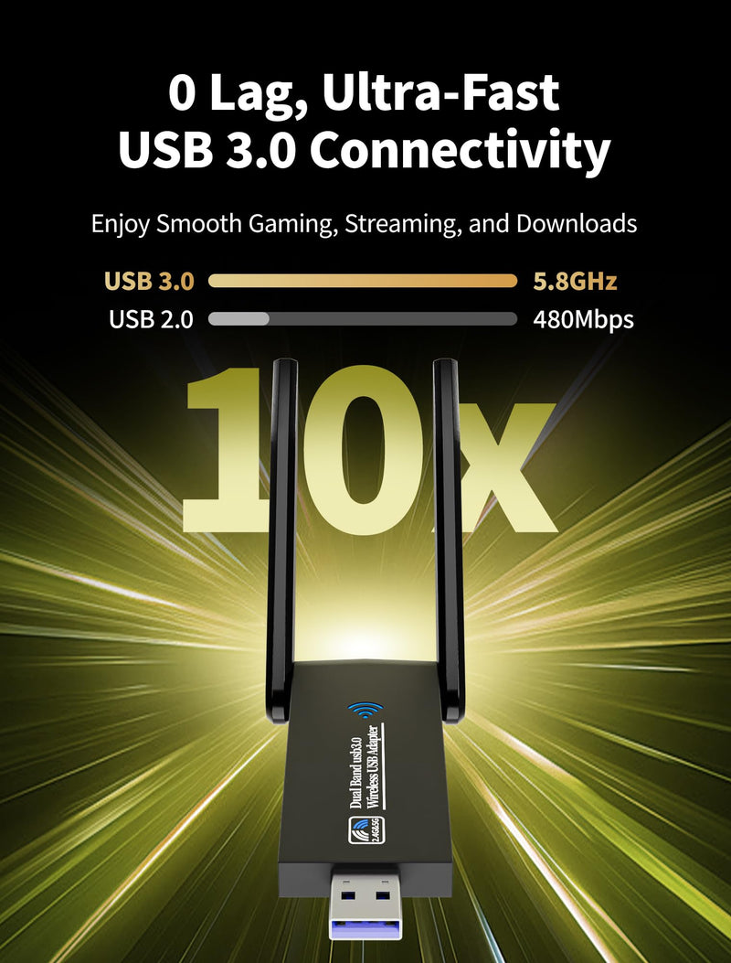 AC1300 USB WiFi Adapter for Desktop PC, Dual Band USB-WiFi 1300Mbps High Speed Wireless Network Adapter 5GHz/2.4GHz with High-Gain Antennas Compatible with Windows 11/10/8/7 macOS 10.9-10.15