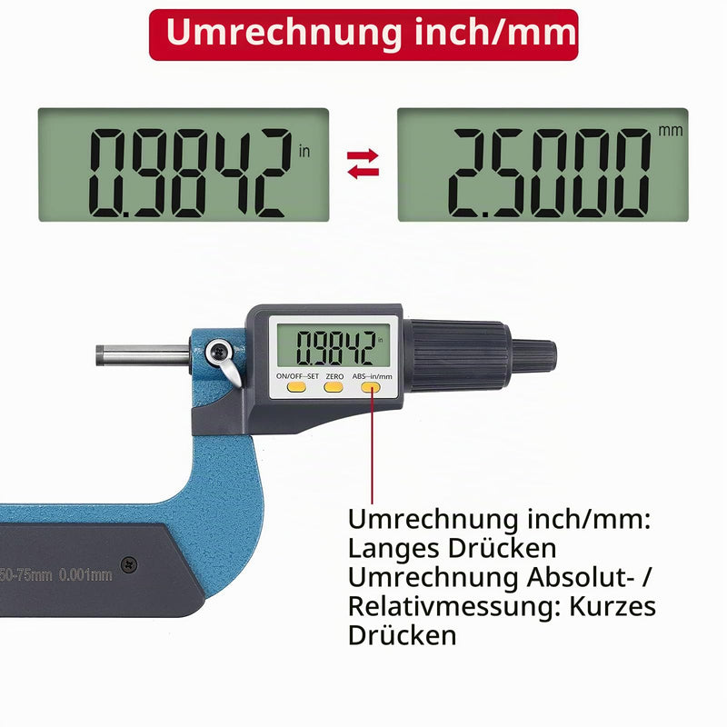 XUNTOP Micrometer Digital 50-75 mm Electronic Micrometer High Precision Outside Micrometer with LCD Display Length Measuring Tool Micro Caliper 0.001 mm / 0.00005 Inches