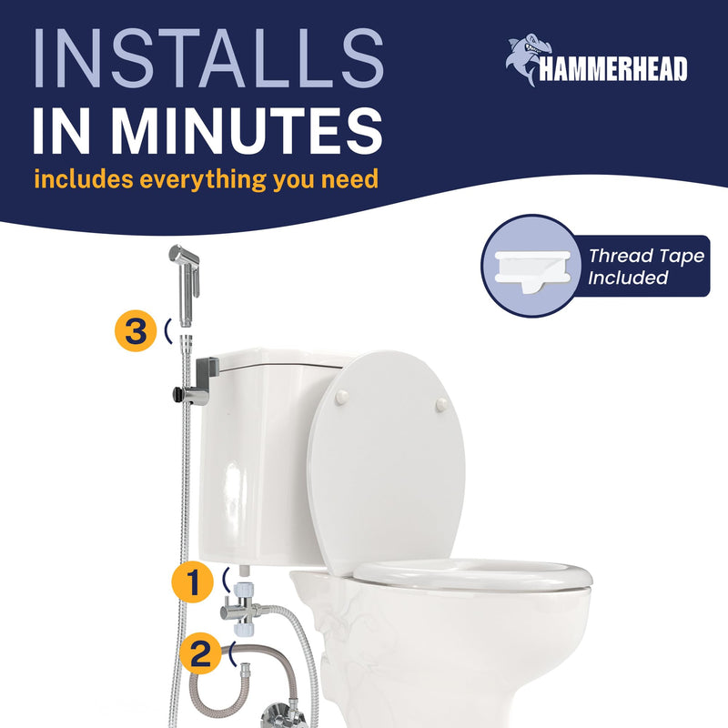 HammerHead Showers Solid Metal Adjustable Pressure Handheld Bidet Sprayer for Toilet, Handheld Bidet Attachment with 47-Inch Hose and Leak-Proof T-Valve, Jet Spray for Toilet, Muslim Shower, Chrome