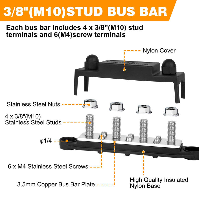 Power Distribution Block Bus bar Terminal Block 4 x 3/8" Posts, 6 x #8 Screws Terminals, 12V 250A (Red & Black) 250A 5/16"