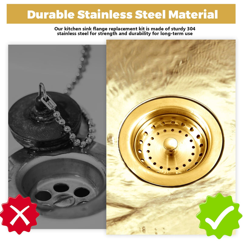 Norme 5 Pcs 3-1/2 Inch Gold Kitchen Sink Drain Strainer Assembly Garbage Disposal Splash Guard Garbage Disposal Flange Stopper Plug Stainless Steel Sink Drain Strainer Replacement Accessories Kit