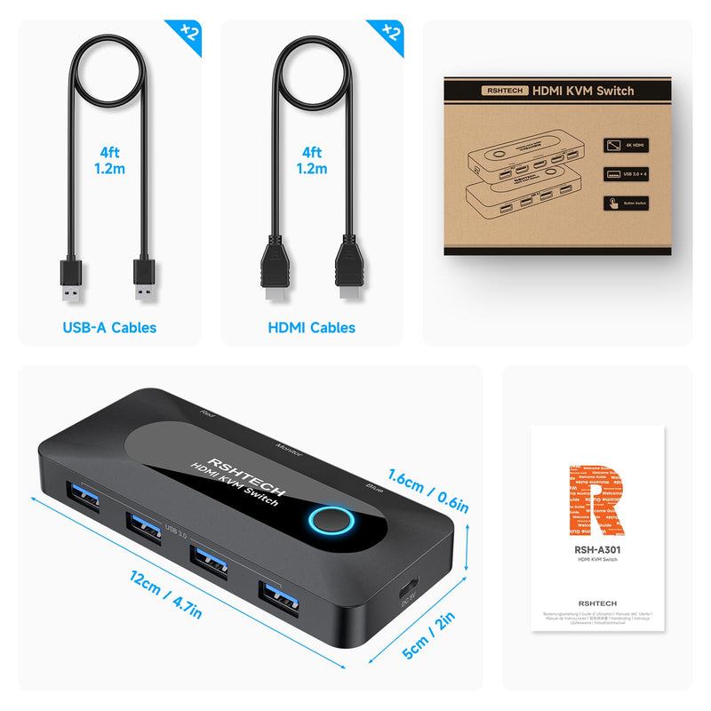KVM Switch, RSHTECH USB Switch with 4K@60Hz HDMI and 4 USB-3.0 Ports, for 2 Computers Share Keyboard Mouse Printer and one HD Monitor with 2 USB-A Cables and 2 HDMI Cables 2 IN 5 Out HDMI Switch
