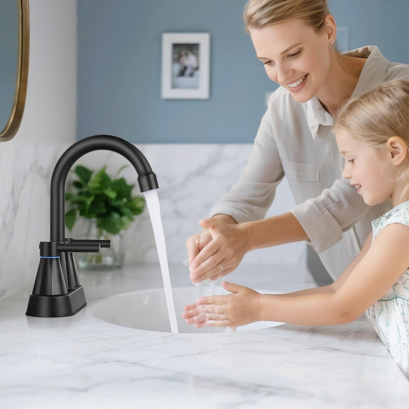 4" Bathroom Sink Faucet, 2-Handle Matte Black, Pop-Up Drain Included | 360° swivel spout, ceramic cartridge, 20% water-saving aerator, RV ready