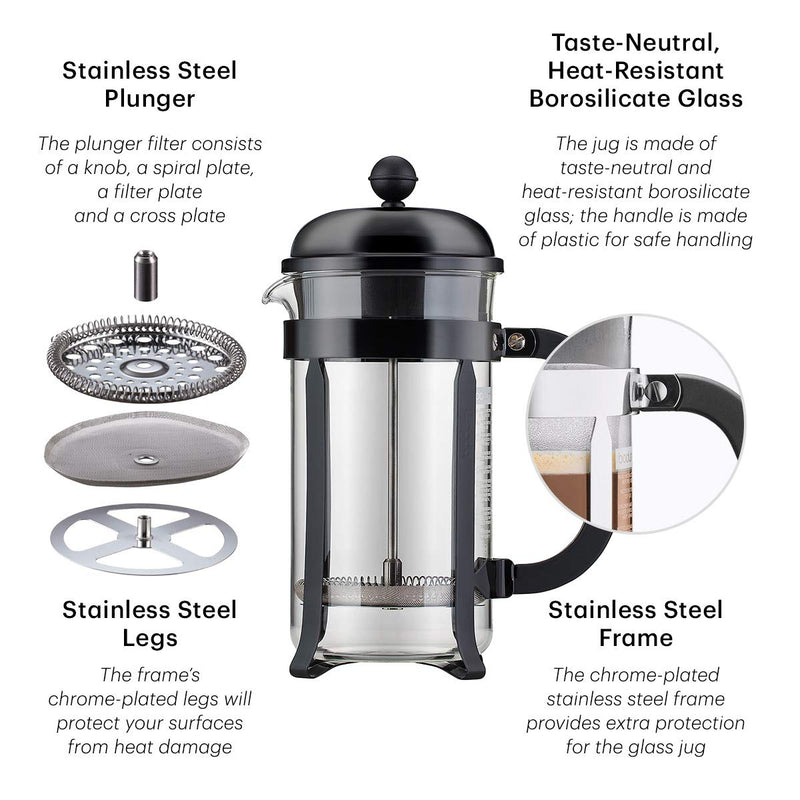 Bodum 34oz Chambord French Press Coffee Maker, High-Heat Borosilicate Glass, Stainless Steel, Black – Made in Portugal 34 oz