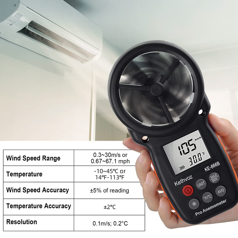 Digital Wind Gauge Wind Meter, Kethvoz Hand Anemometer Sensor with Windchill Indicator Measure Wind Speed Wind Temperature ℃/℉, Wind Speed Meter for Ventilation System/Boat Sailing/Climbing Digital anemometer KE-866B
