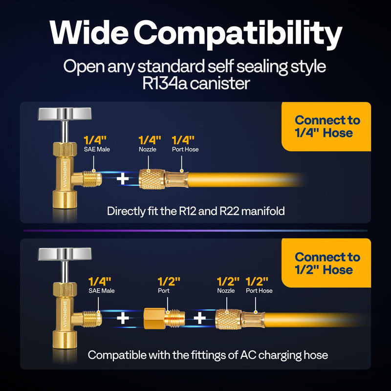 VIVOHOME R134a Can Tap Valve Puncture Style, Refrigerant Dispenser with Tank Adapter for 1/4" and 1/2" AC Charging Hoses for Refilling Automotive Air Conditioning Systems R134a Puncture