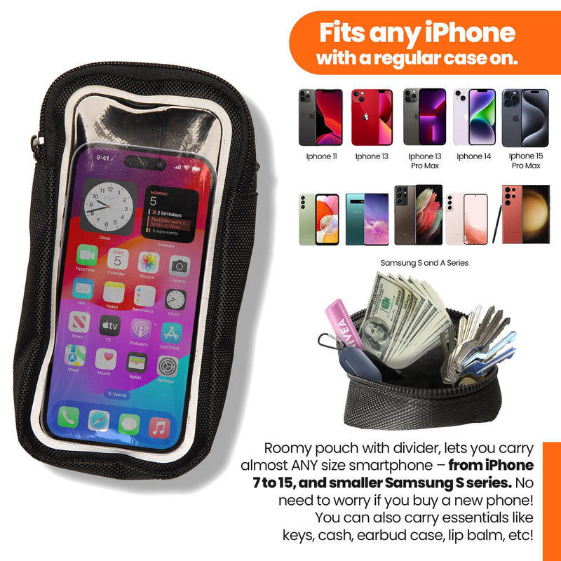 Ultimate 3-in-1 Essentials Carrier: Running Handheld Phone Holder, Hiking Pouch Belt Holster & Fitness Armband Case - with Clear Window, Fits iPhones and Most Androids - Water Resistant, Adjustable! Stylish Black
