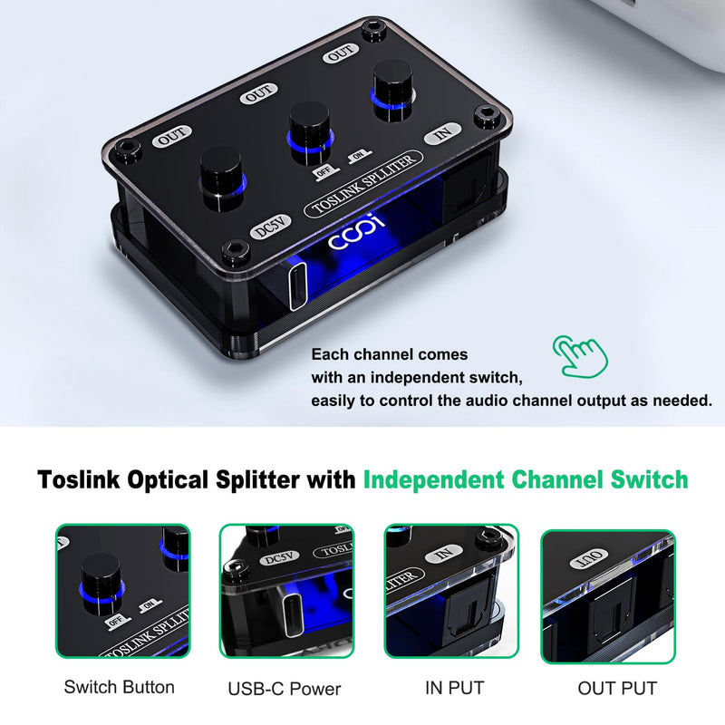 Digital Optical Audio Splitter 1 in 3 Out SPDIF Toslink Optical Splitter with Independent Channel Switch, Support Up to 192k/24Bit Compatible with LPCM2.0/DTS/Dolby-AC3 5.1 Channels