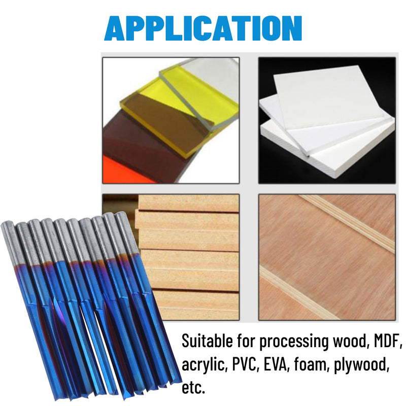 10Pcs 3.175mm CNC Router Carbide 2-Flute Straight Nano Blue Coating End Mill, Handle Milling Tool for Processing Wood