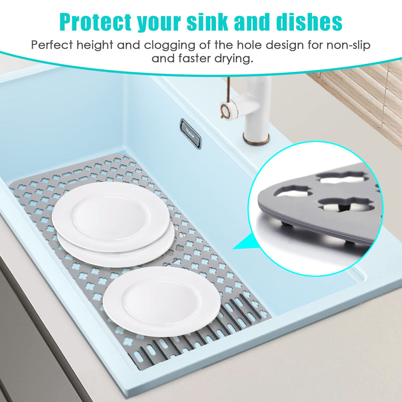 Kitchen Mat, Protectors for Sink 25"x13" Non-Slip Folding Grates for Bottom of Farmhouse Stainless Steel Porcelain Sink, DIY Silicone Can Be Cut to Any Size Grey-1 PCS 25”x13”-DIY 1pcs