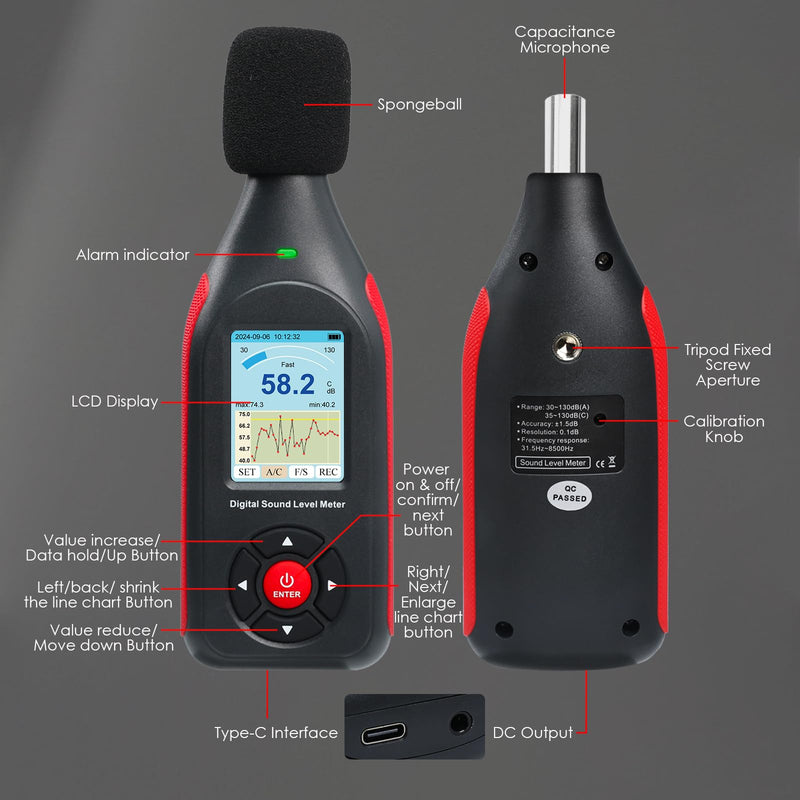 Decibel Meter, Data Logger, Digital Sound Decibel Meter, Sound Level Meter with 43,000 Records and Export, Rechargeable Noise Meter with A/C Frequency and DC Output with Alarm