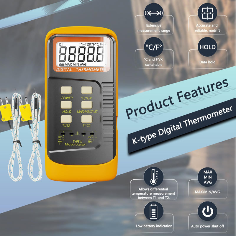 Handheld Thermocouple Thermometer, 2 Channels K Type Thermocouple Probe and 4 Thermocouples, Measuring Range -50°C to 1370°C(-58°F to 2498°F),Contains 2 Stainless Steel K Type Thermocouples 6802-02