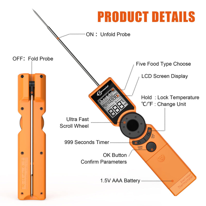Digital Meat Thermometer for Grill, Instant Read Food Thermometers for Cooking with Food Doneness Guide, Calibration and LCD Backlight Screen, High Accuracy ±1% ℉, BBQ Beef Candy Orange